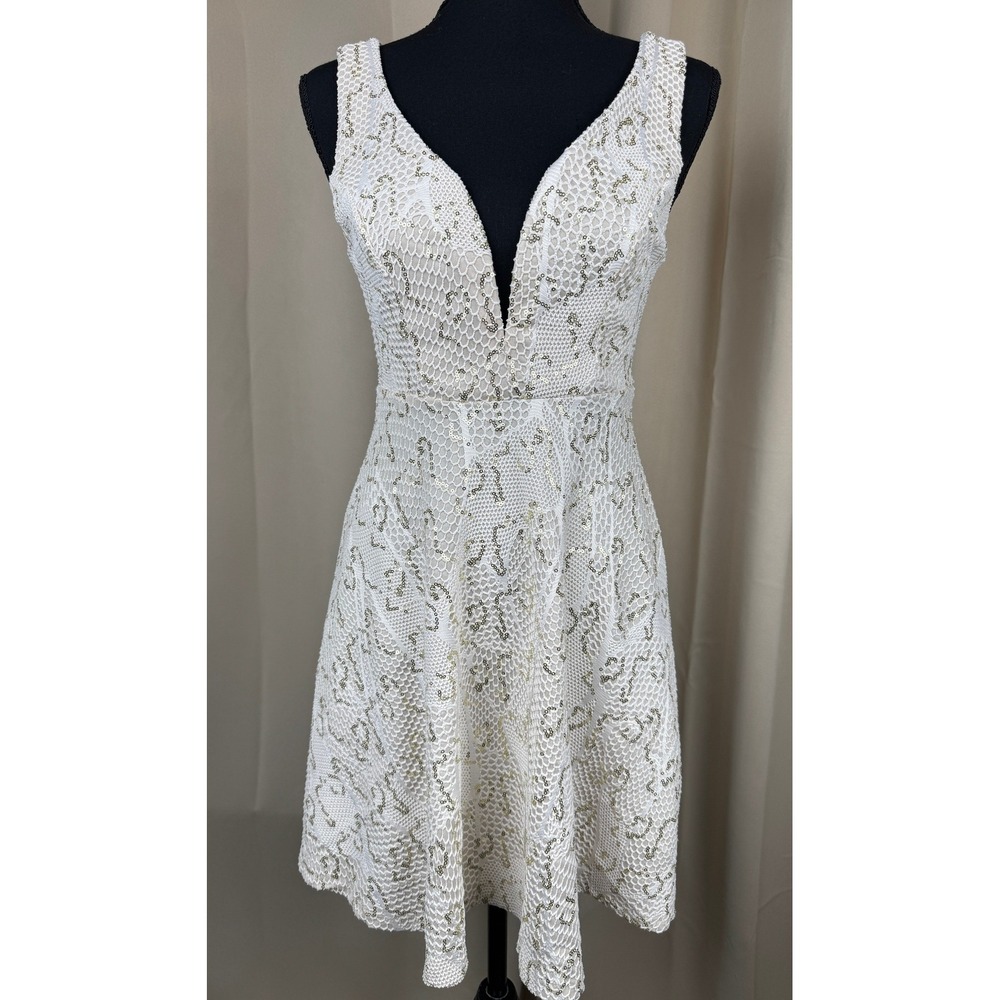 Bailey Blue White Sequin Lace Fit Flare Dress Sleeveless Party‎ Mini Size S